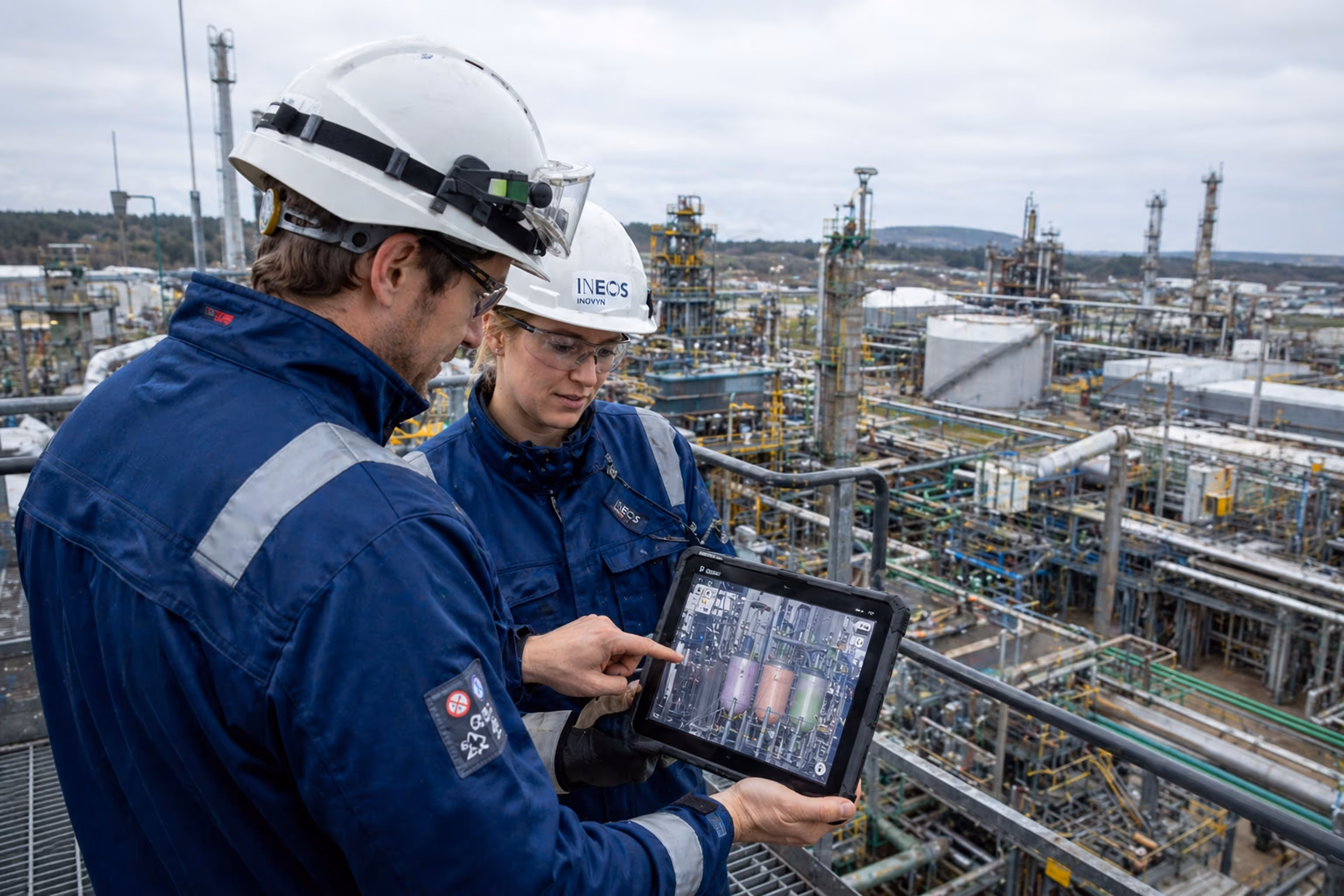 Two industrial workers in blue uniforms and white helmets examining a tablet with plant equipment data at a chemical refinery.