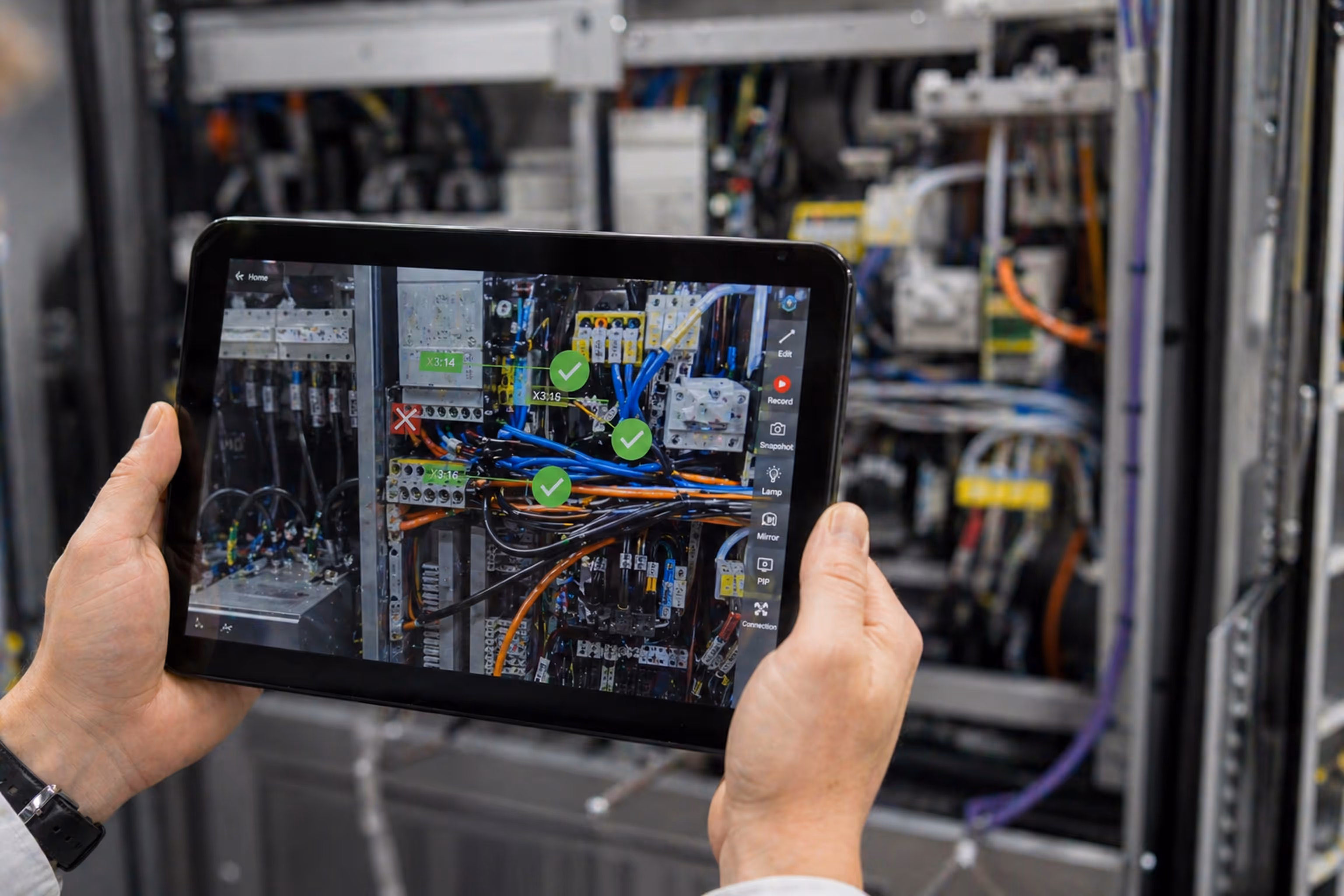 Hands holding a tablet showing an augmented reality interface with check marks and symbols over electrical wiring in a control panel.