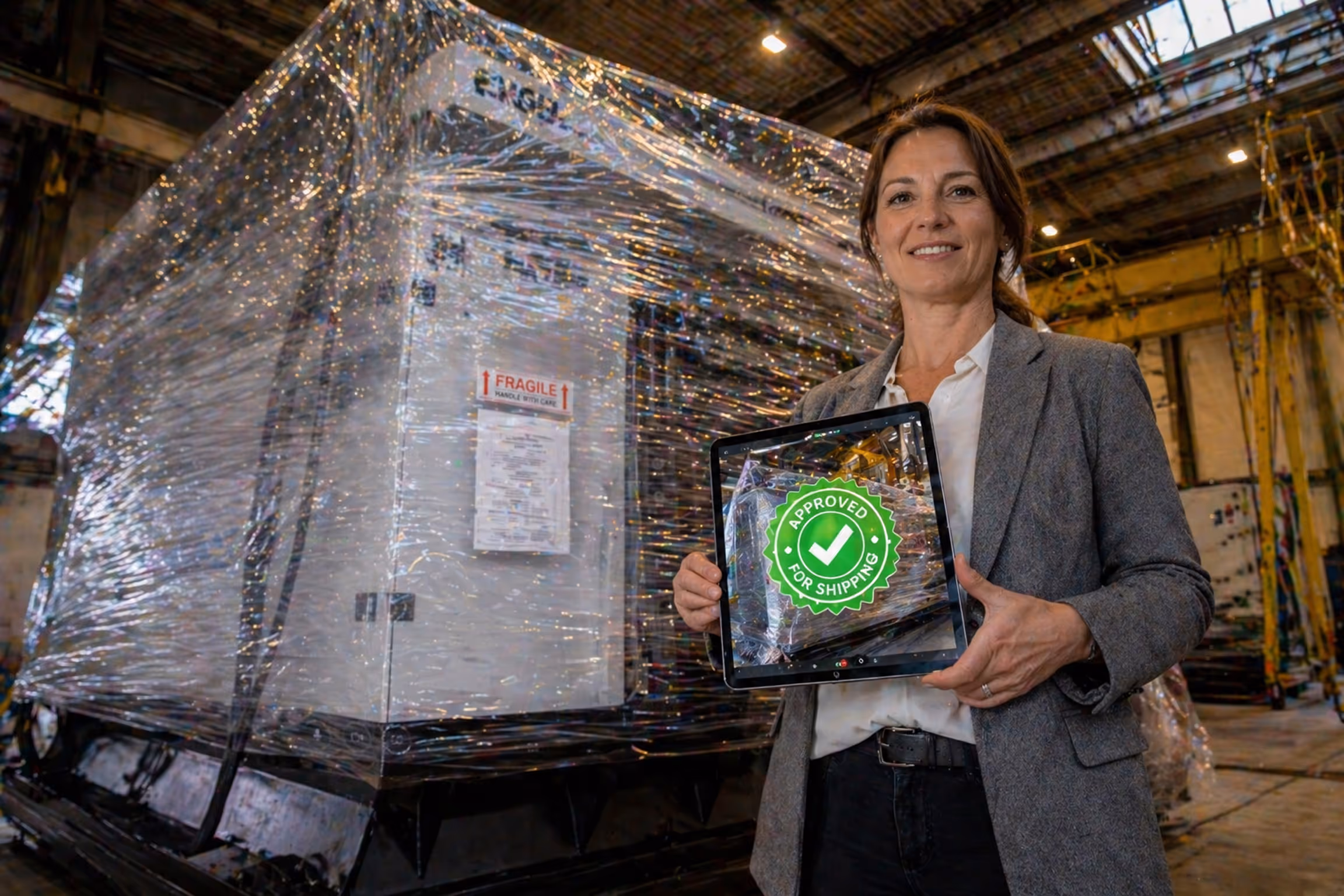 Woman in a warehouse holding a tablet displaying a green 'Approved for Shipping' badge in front of a large, wrapped shipping crate labelled 'Fragile'.