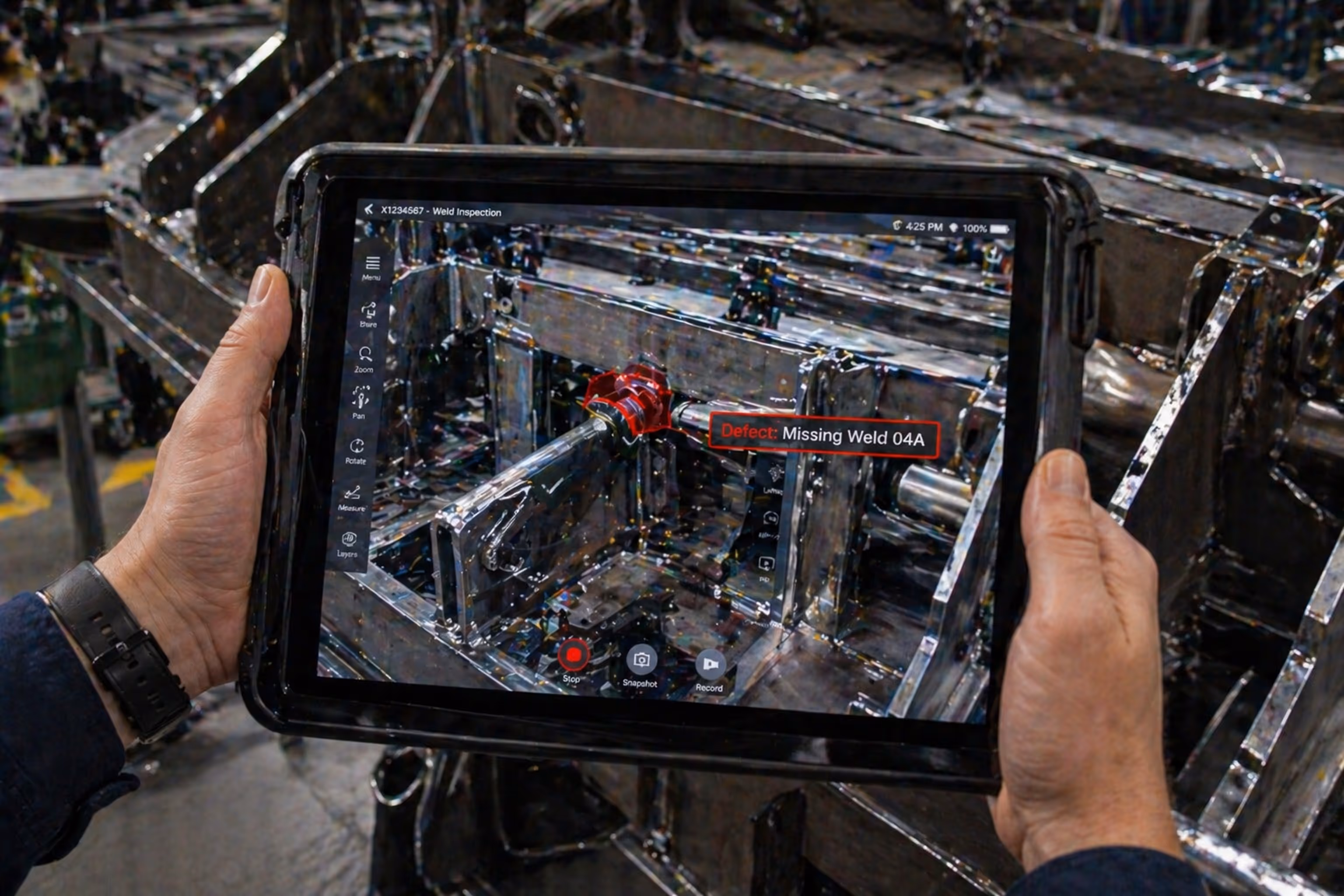Person holding a tablet showing a weld inspection with a defect labelled 'Missing Weld 04A' highlighted on a metal structure.