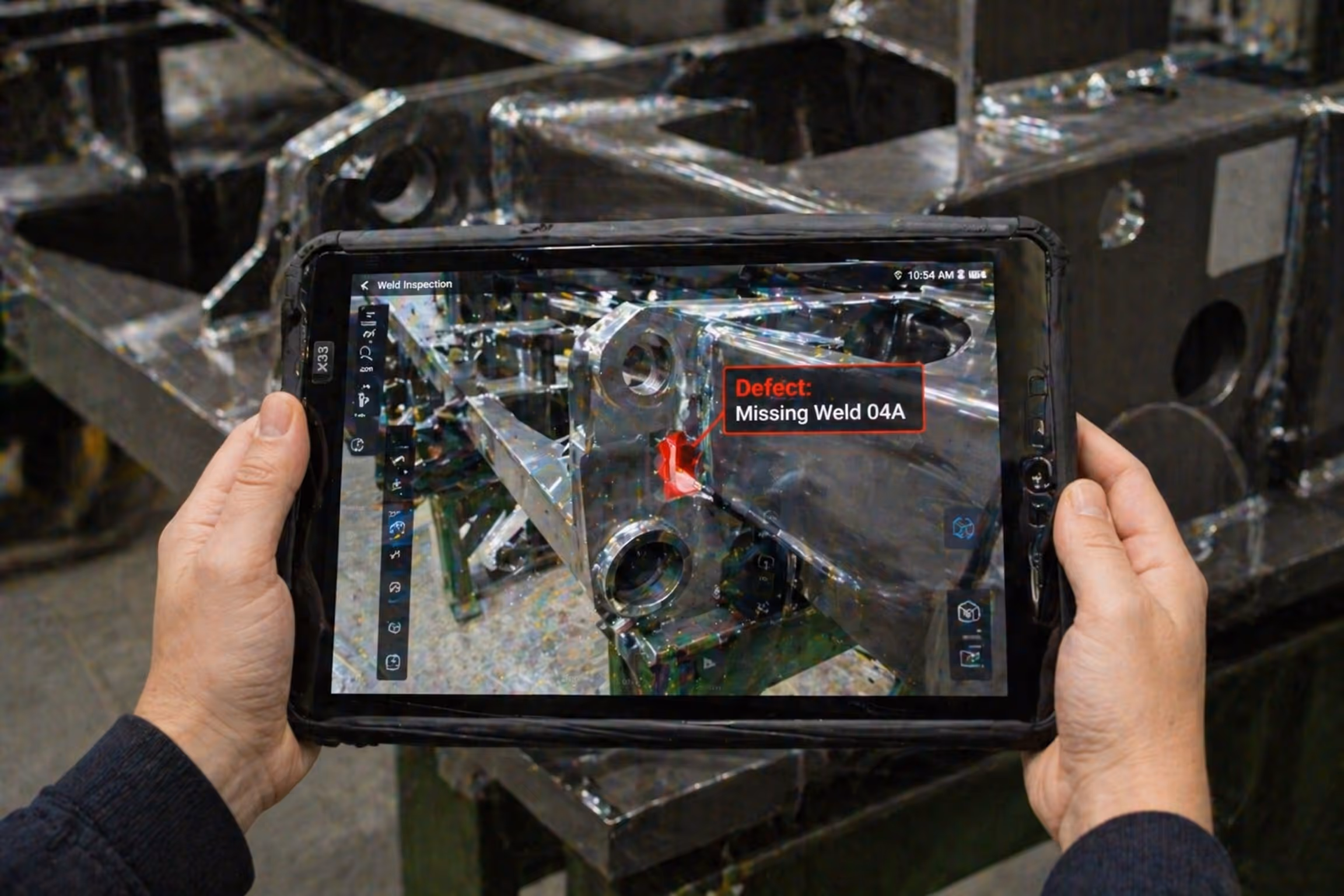 Hands holding a tablet displaying weld inspection software highlighting a defect labelled 'Missing Weld 04A' on a metal structure.
