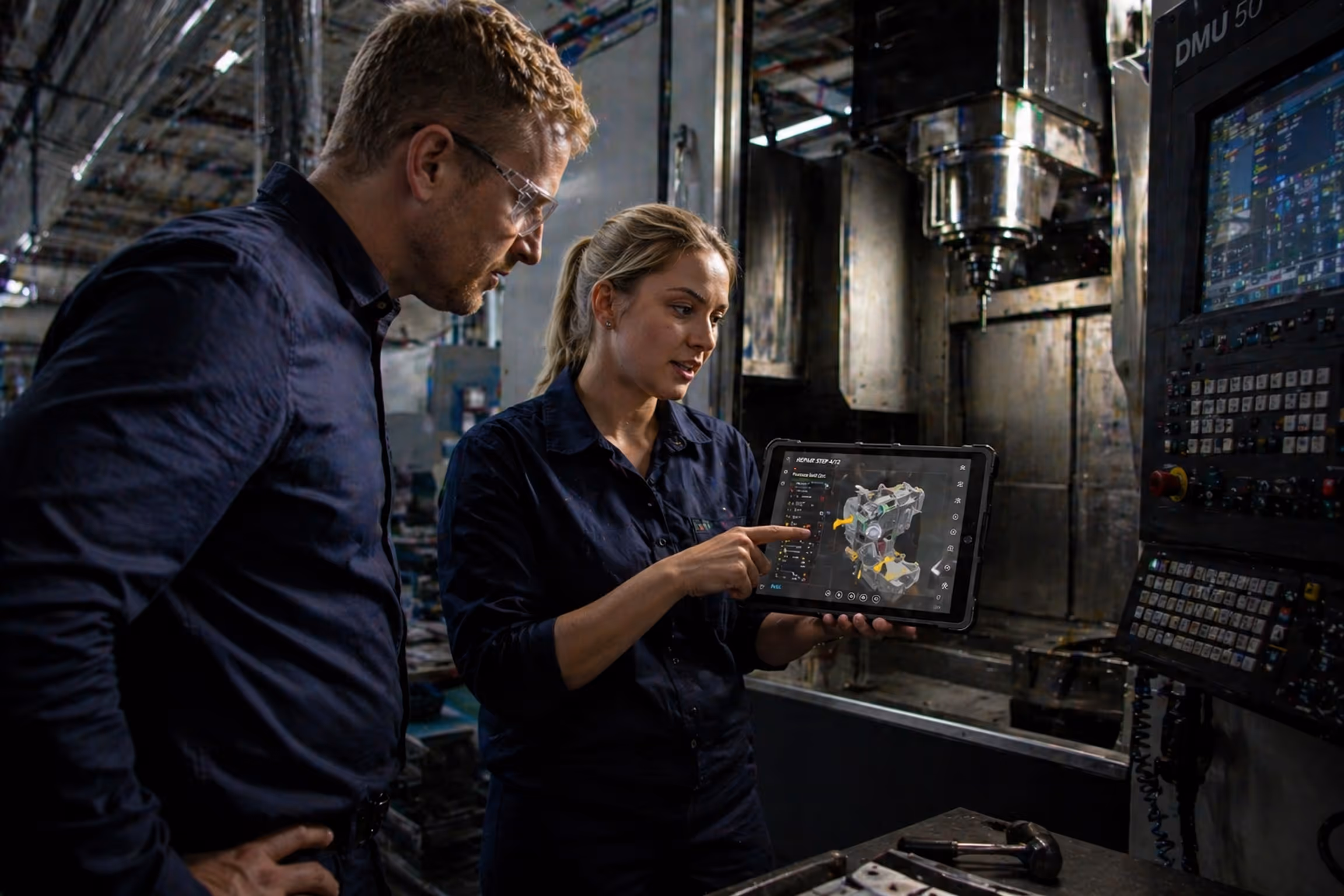Two engineers in a factory, with one pointing to a 3D model of a mechanical part on a tablet in front of industrial machinery.