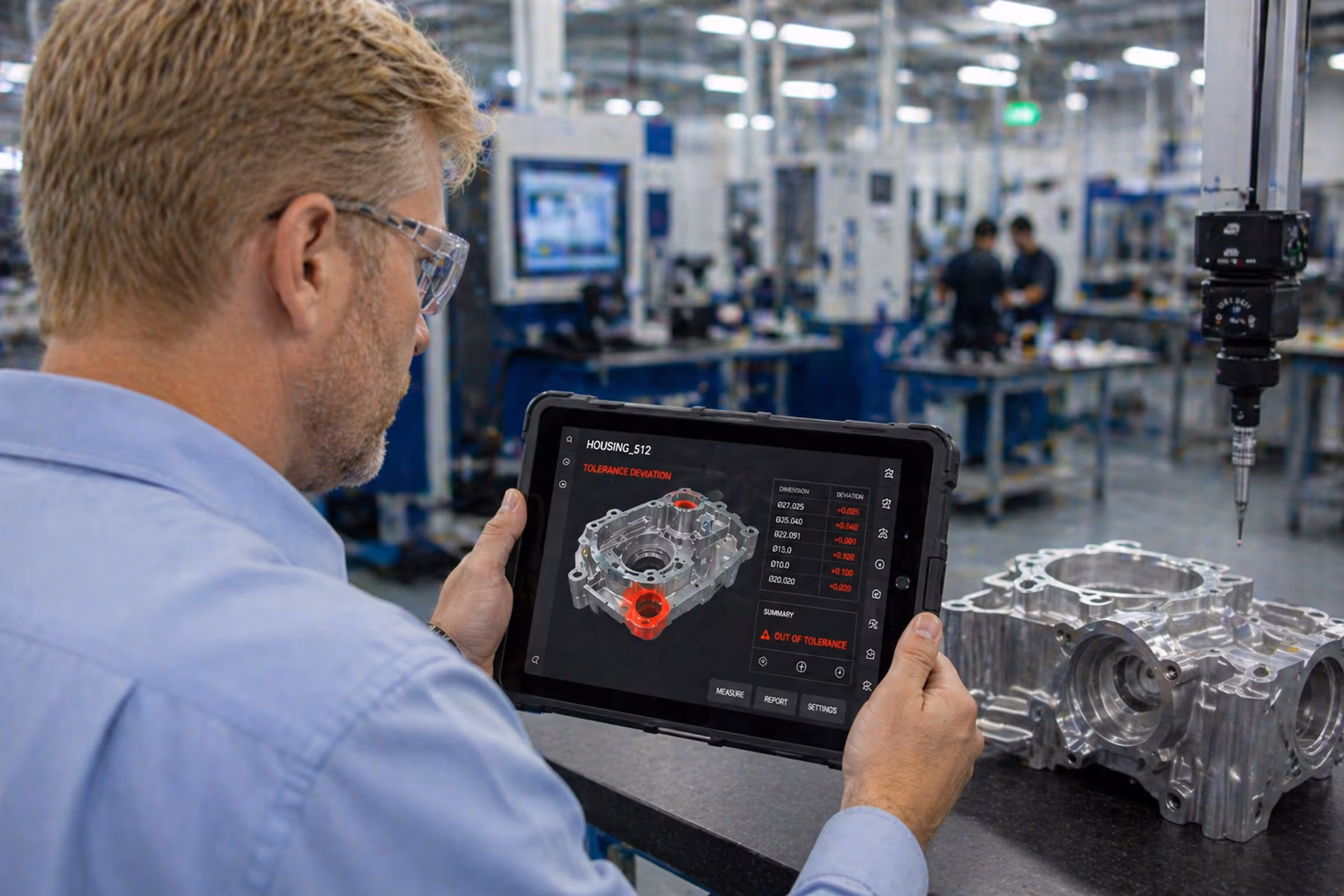 Engineer holding a tablet showing 3D model and tolerance deviation data for a metal engine part in a factory setting.