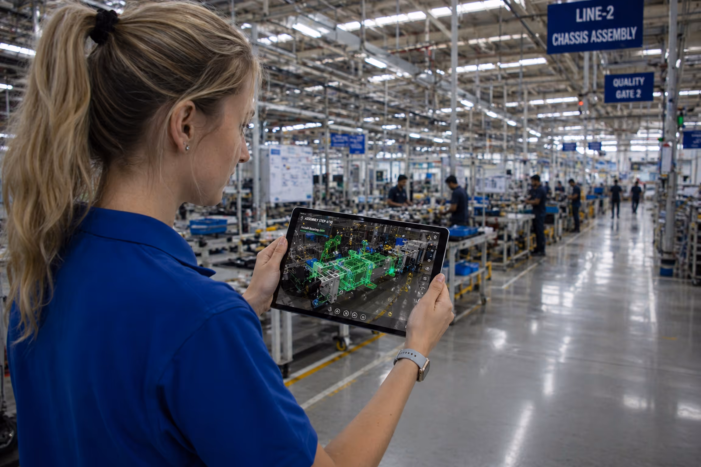 Woman in blue uniform holding a tablet displaying a 3D model in a large vehicle chassis assembly factory.
