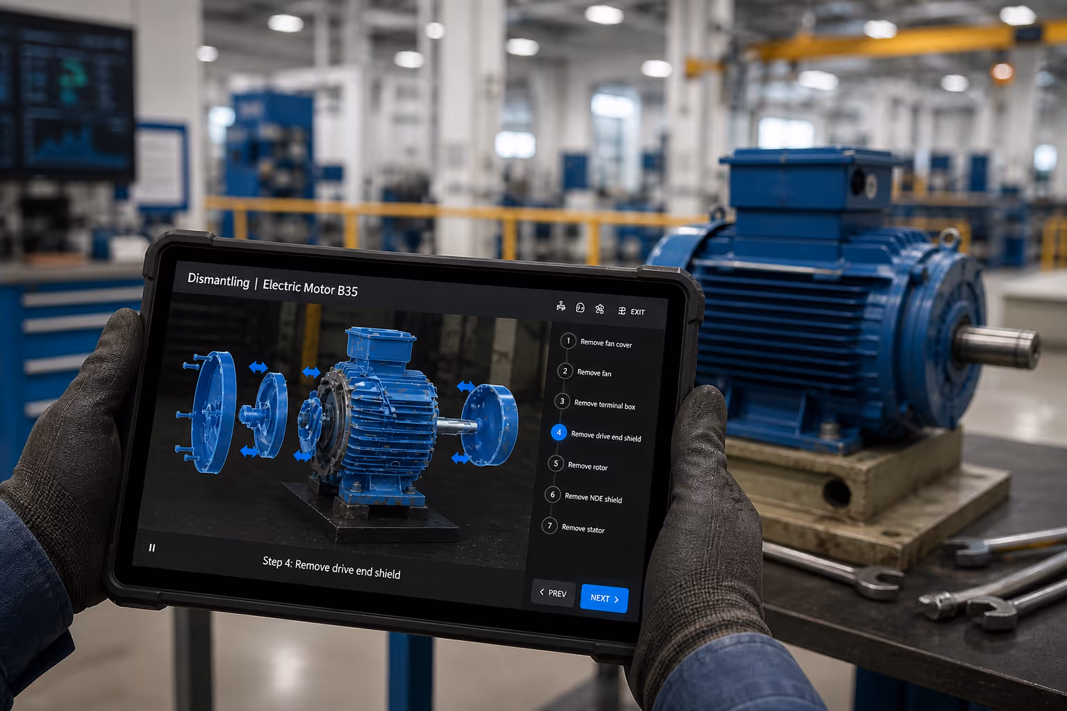 Tablet held by a person wearing gloves showing step-by-step dismantling instructions for an electric motor in a factory setting.