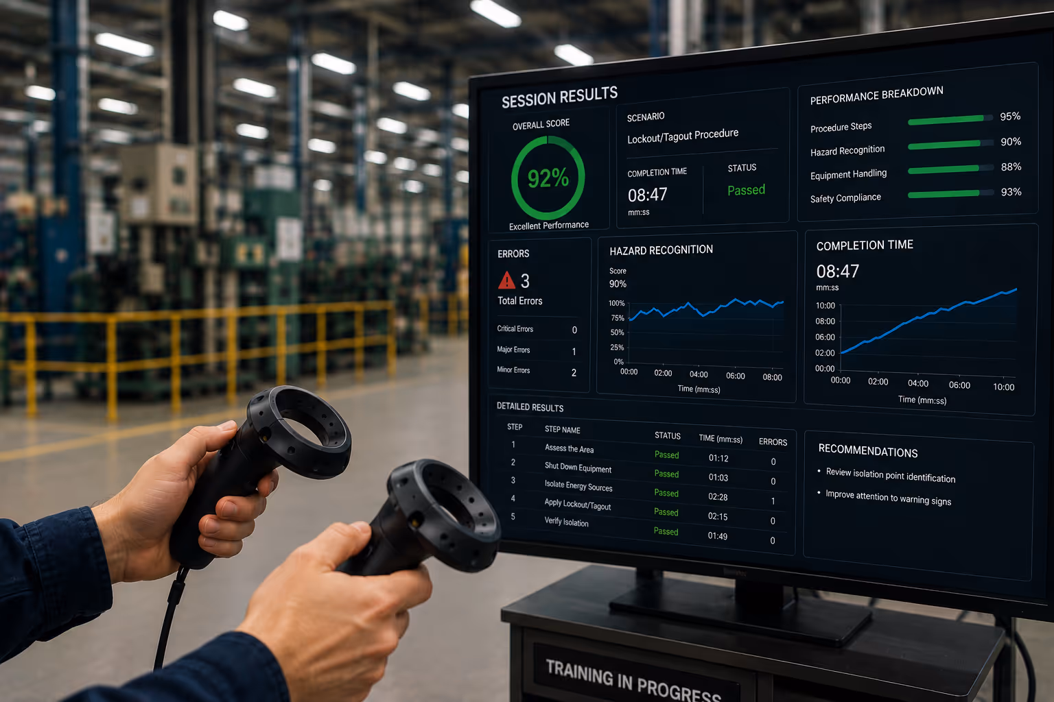Person holding VR controllers in a factory setting with a screen showing a session results dashboard for a Lockout/Tagout Procedure training, scoring 92% with detailed step completion and performance breakdown.