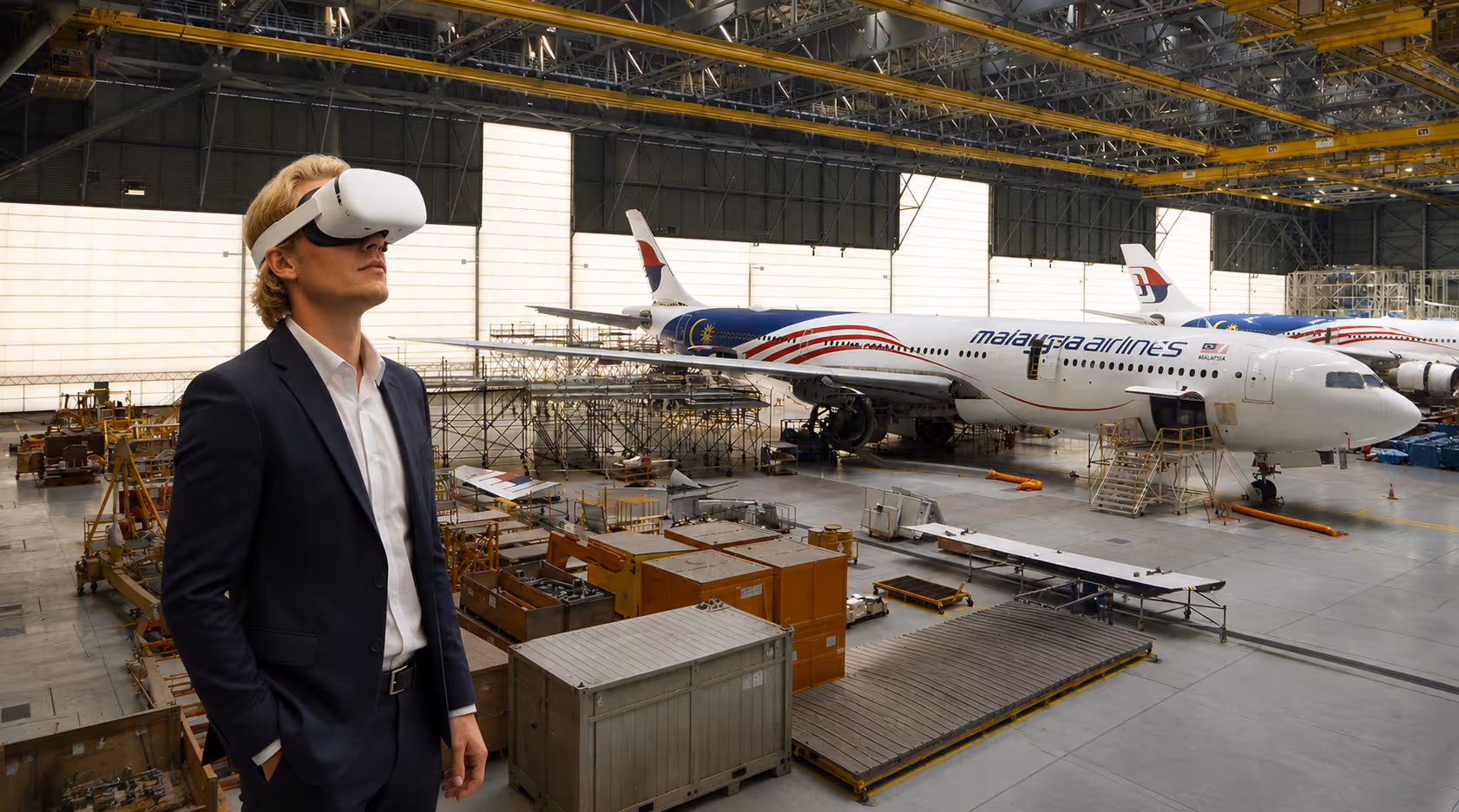 Aerospace buyer using a Meta Quest VR headset at an industrial trade-show booth