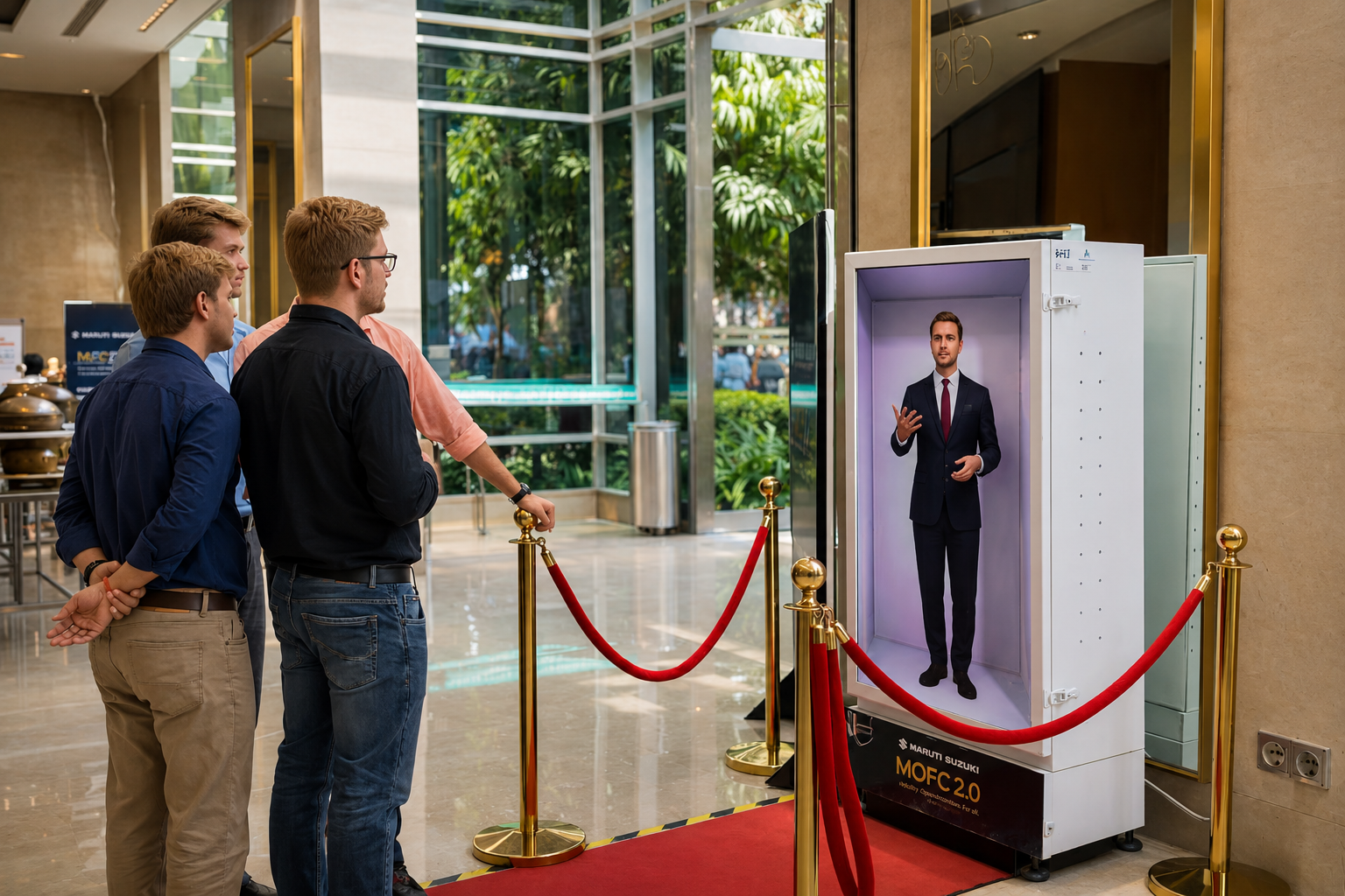 Life-sized AI hologram HoloBox responding to live questions in English and Japanese on the MQFC 2.0 main stage