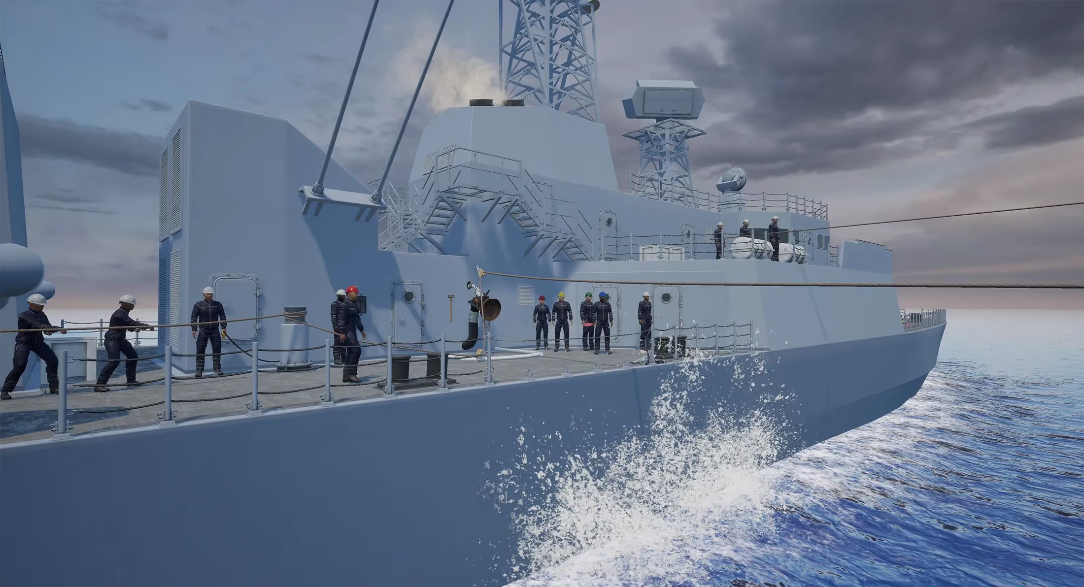 A group of people standing on the deck of a navy ship.