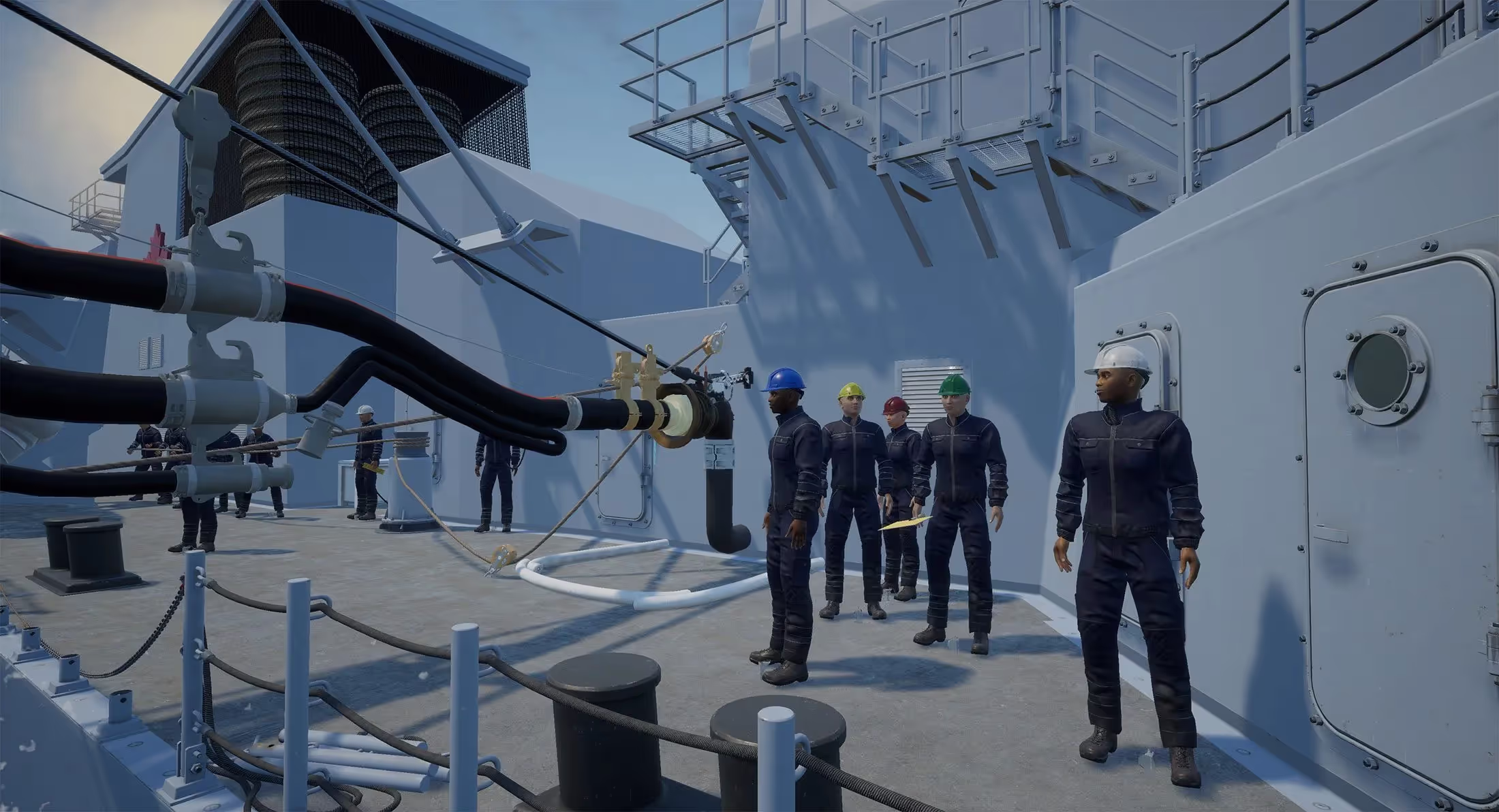 A group of people standing on the deck of a ship.