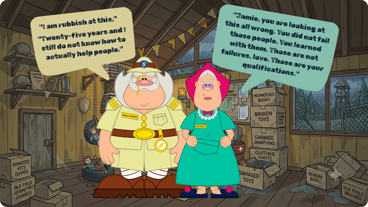 Auntie Ellie and Uncle Jamiecharacters in a cluttered attic talk about learning to help people and valuing experience as qualifications.