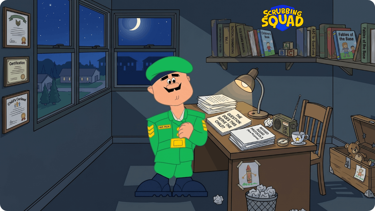 SGT Peck in green uniform stands in a dim office at night beside a desk with papers and books.