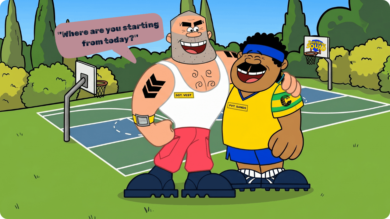 SGT VEST AND PVT SANDS in sportswear smiling on a basketball court with speech bubble saying, 'Where are you starting from today?'