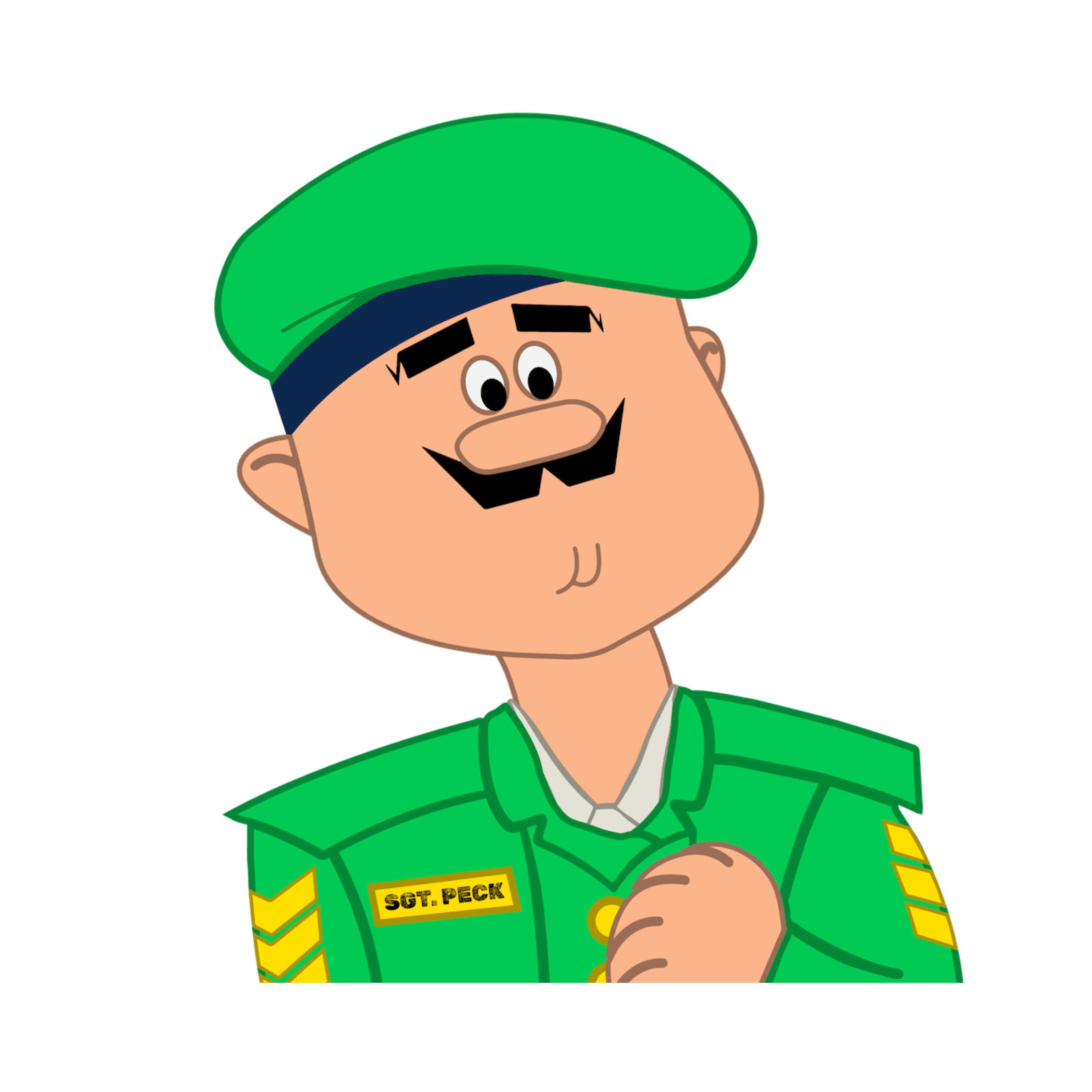 Cartoon soldier wearing green uniform and beret with name tag Sgt. Peck.
