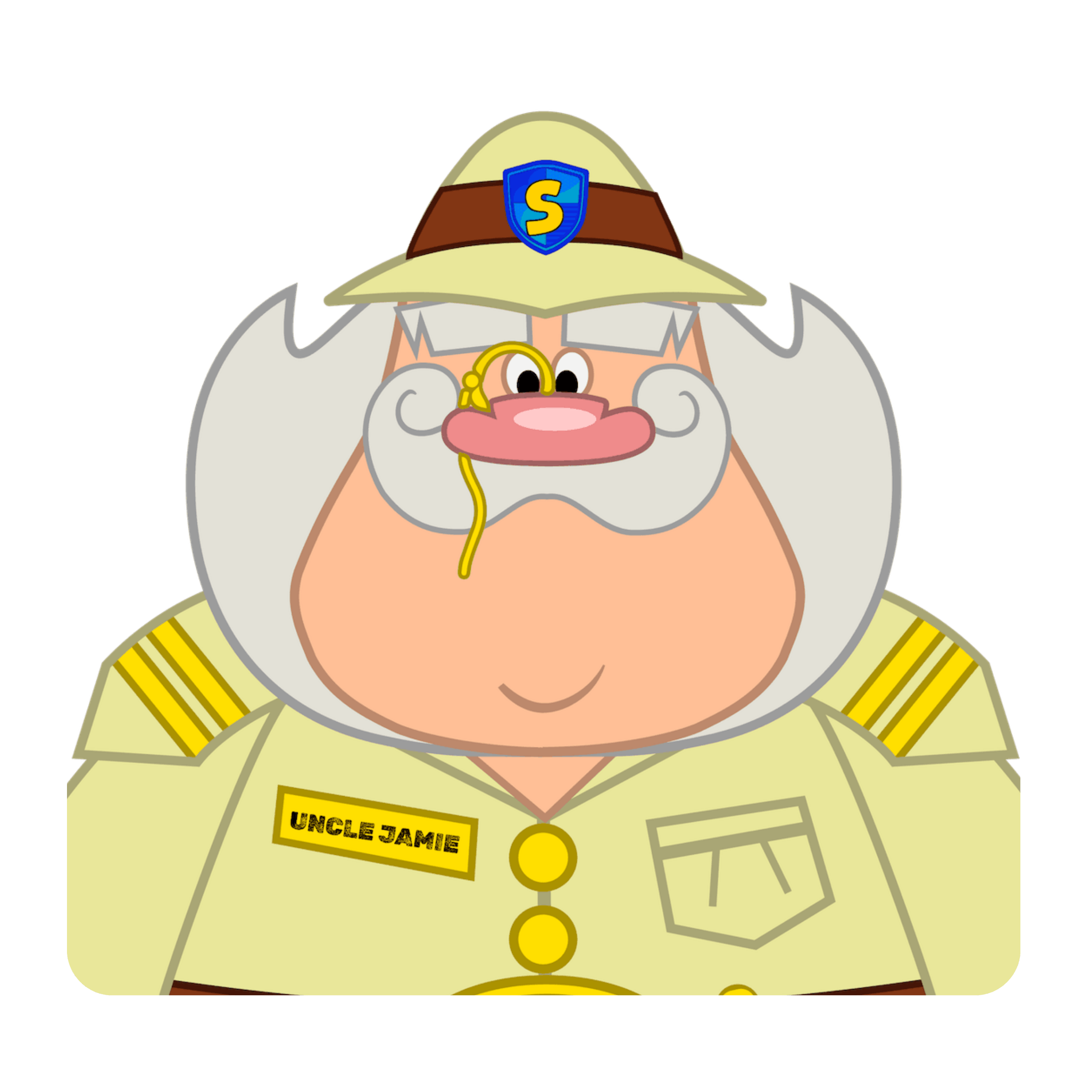 Cartoon of Uncle Jamie with white hair, monocle, safari hat, and yellow uniform with name tag.