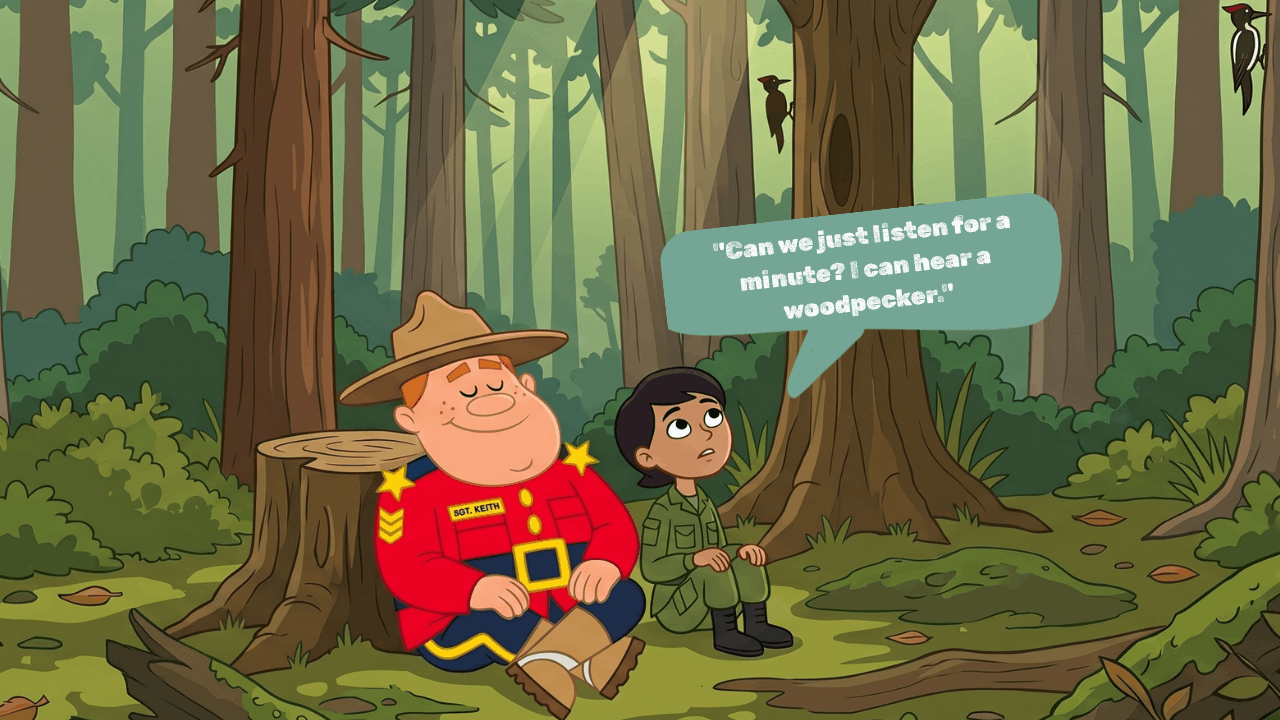 Sgt Keith and child sitting in forest with woodpeckers on trees; child speaks.