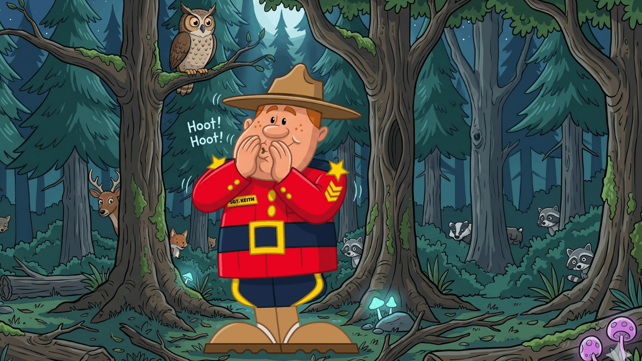 Sgt. Keith in a red uniform hooting to an owl on a tree branch.