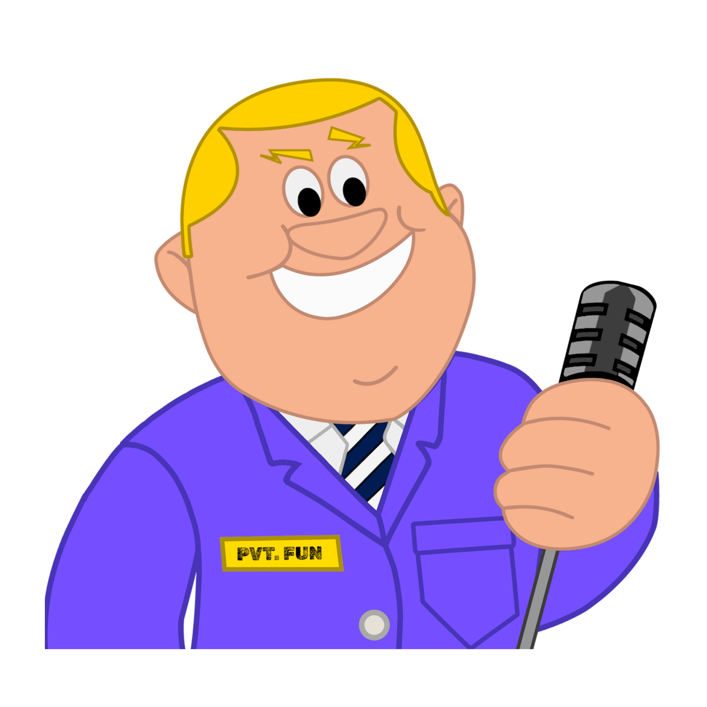 PVT Fun with blond hair in blue jacket and striped tie holding a microphone and smiling.