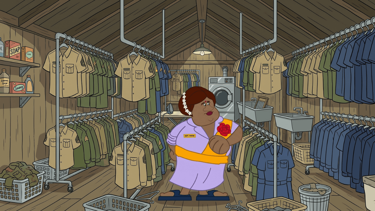 Sgt. Rose stands in a room full of hanging military uniforms and laundry supplies.
