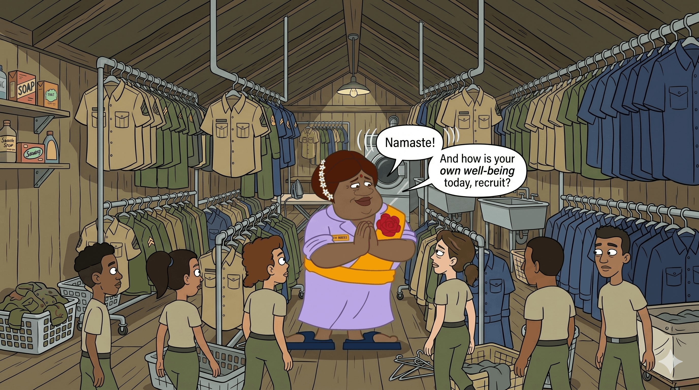 SGT Rose greets six recruits in a closet full of military uniforms saying, Namaste.