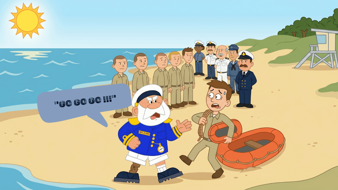Cpt JT Peg in blue uniform shouting orders to man holding rope and life ring on beach with crew line up.