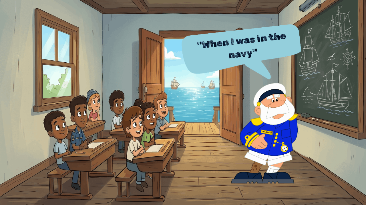 CPT JT Peg teaching kids in a classroom with ships drawn on the chalkboard.