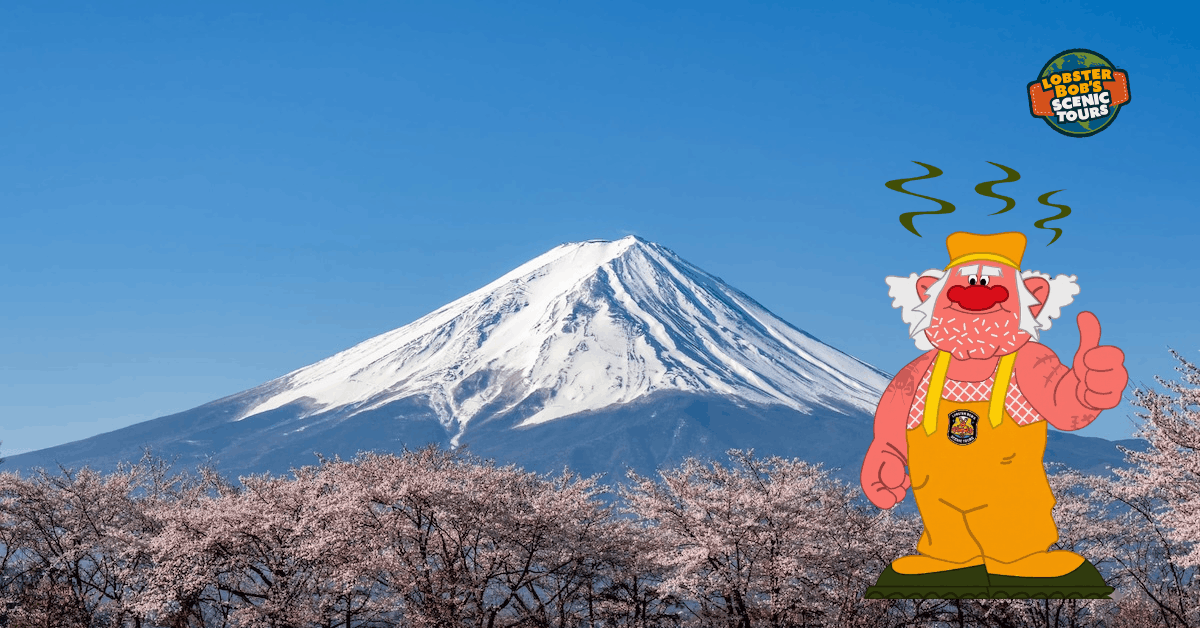 Snow-capped Mount Fuji with cherry blossoms and cartoon Lobster Bob giving thumbs up.