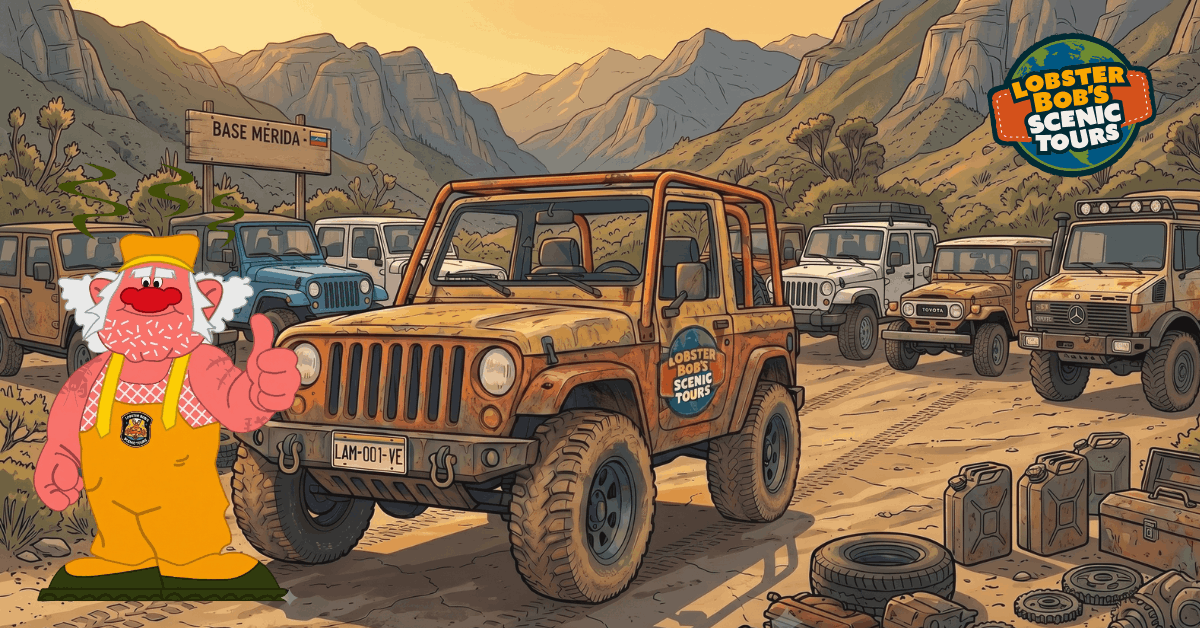 La Mula and Lobster Bob giving thumbs up next to off-road jeeps with 'Lobster Bob's Scenic Tours' logo in desert.