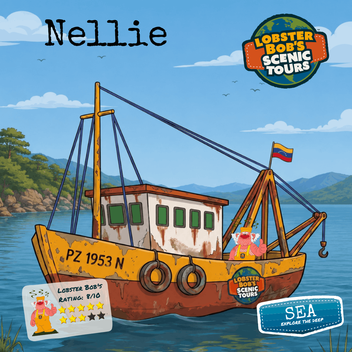 Rusty yellow nfishing boat named Nellie on calm water with Lobster Bob cartoon and scenic tours logo.