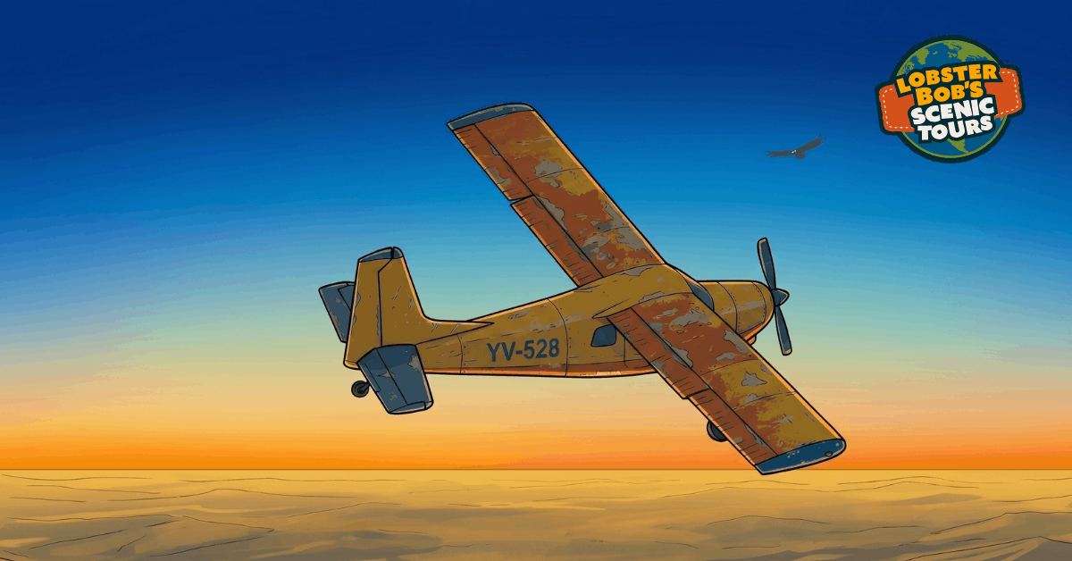 El Condor airplane with registration YV-528 flying over desert at sunset with eagle and logo.