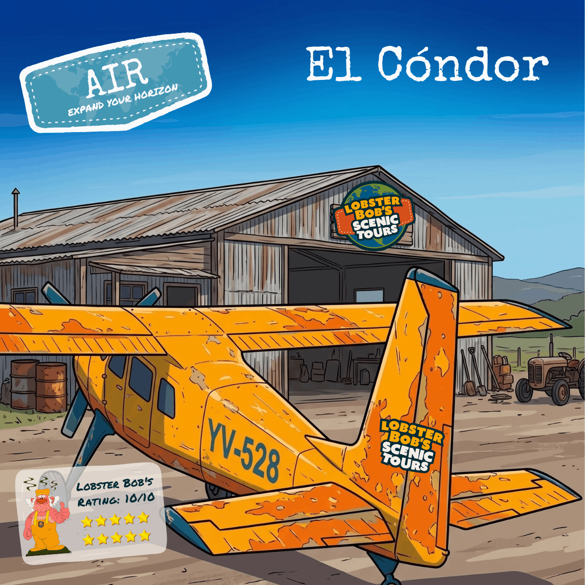 El Condor yellow airplane YV-528 in front of a barn with Lobster Bob’s Scenic Tours logos.