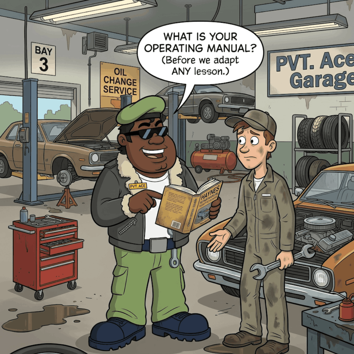 PVT. Ace in a garage, one holding a book asking about his operating manual before adapting a lesson.