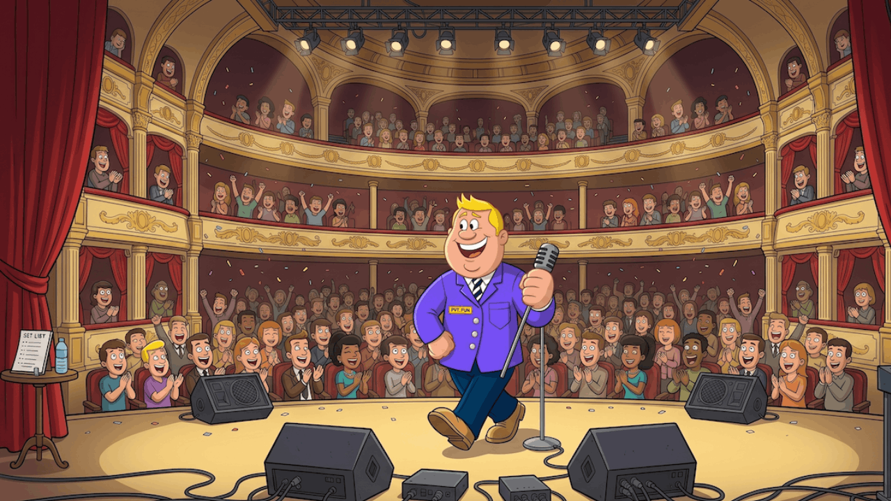 PVT Fun  in purple jacket holding a microphone on stage with applauding audience in a theater.