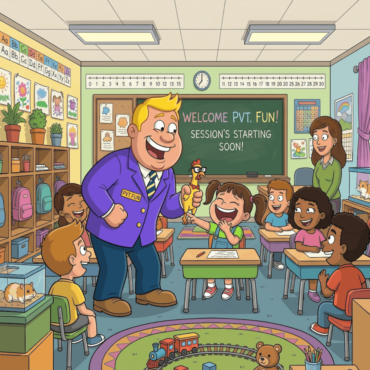 PVT Fun with a purple jacket holding a rubber chicken, kids laughing in a colorful classroom.