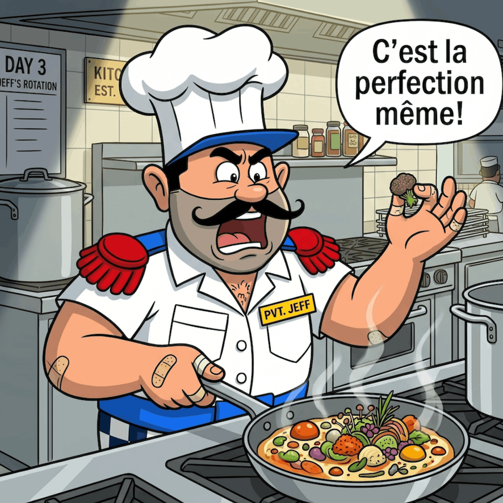 Chef Pvt. Jeff cooking an elaborate dish in a frying pan, saying, 'C’est la perfection même!'