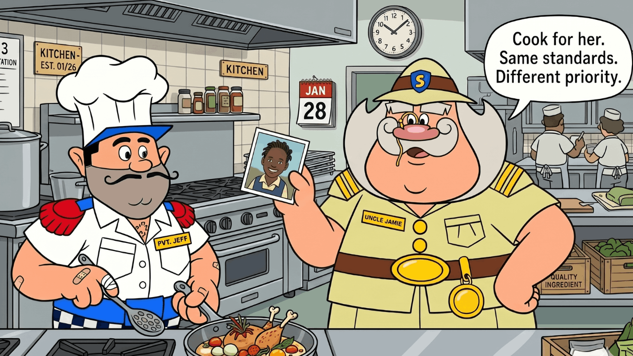 Chef Pvt. Jeff cooking as Uncle Jamie holds a photo and says, 'Cook for her. Same standards. Different priority.'