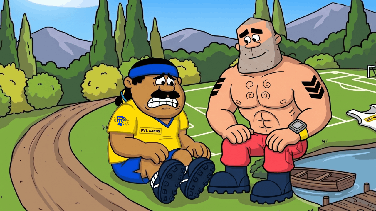SHT VEST and PVT SANDS sitting by a pond near a soccer field; one worried in sportswear, the other muscular and shirtless.