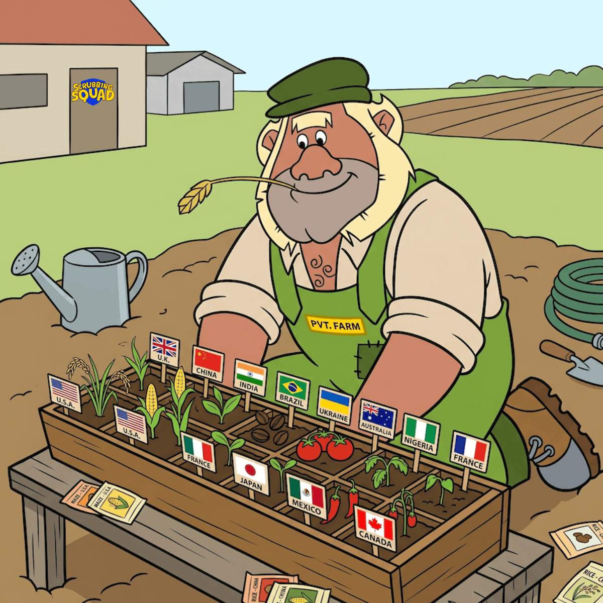 PVT Farm tending a garden box with various plants labeled by country flags.