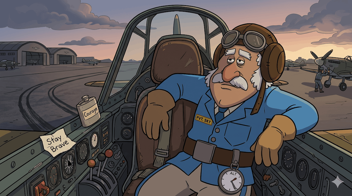PVT Sky pilot with goggles and brown gloves sitting in aircraft cockpit at sunset with planes outside feeling tired and worried.
