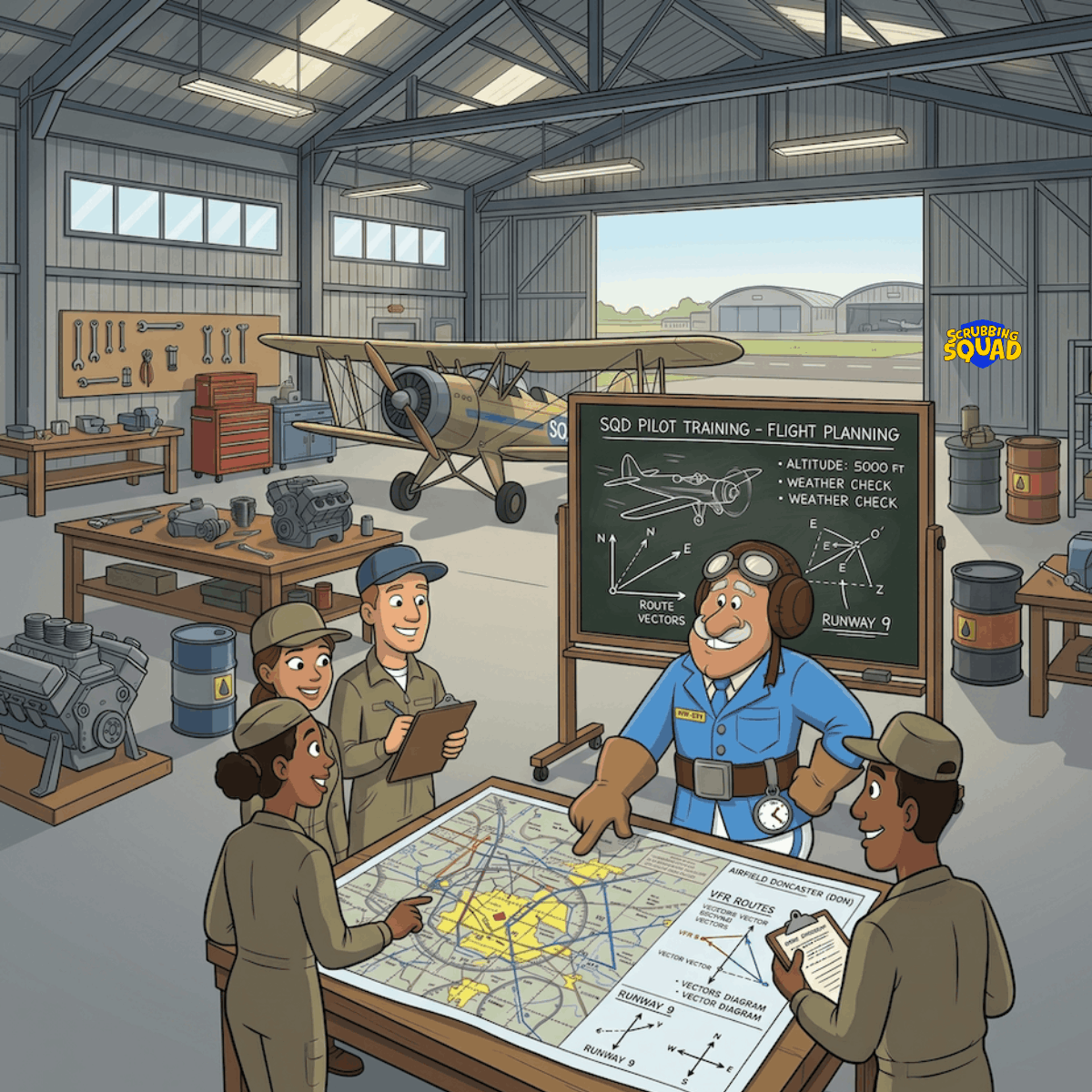 PVT Sky Instructor in flight gear teaches pilot trainees flight planning in a hangar with a biplane.