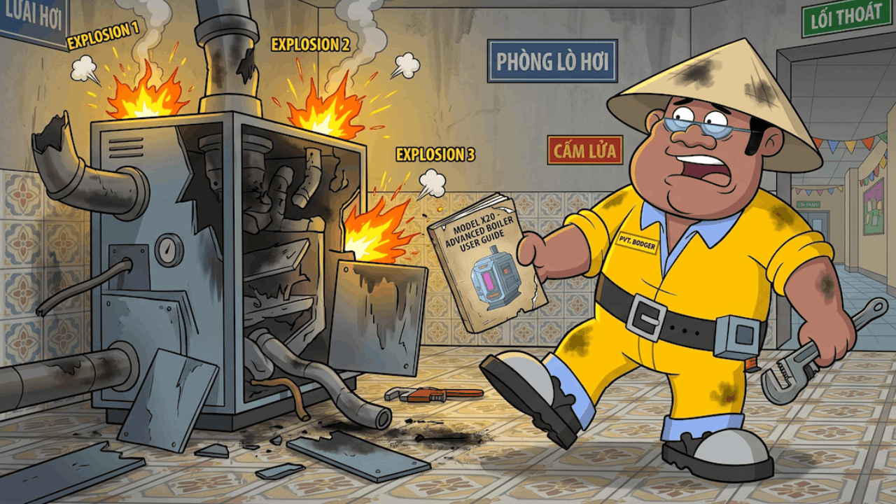 PVT Bodger in yellow suit holding boiler guide near a damaged, exploding boiler in tiled room.
