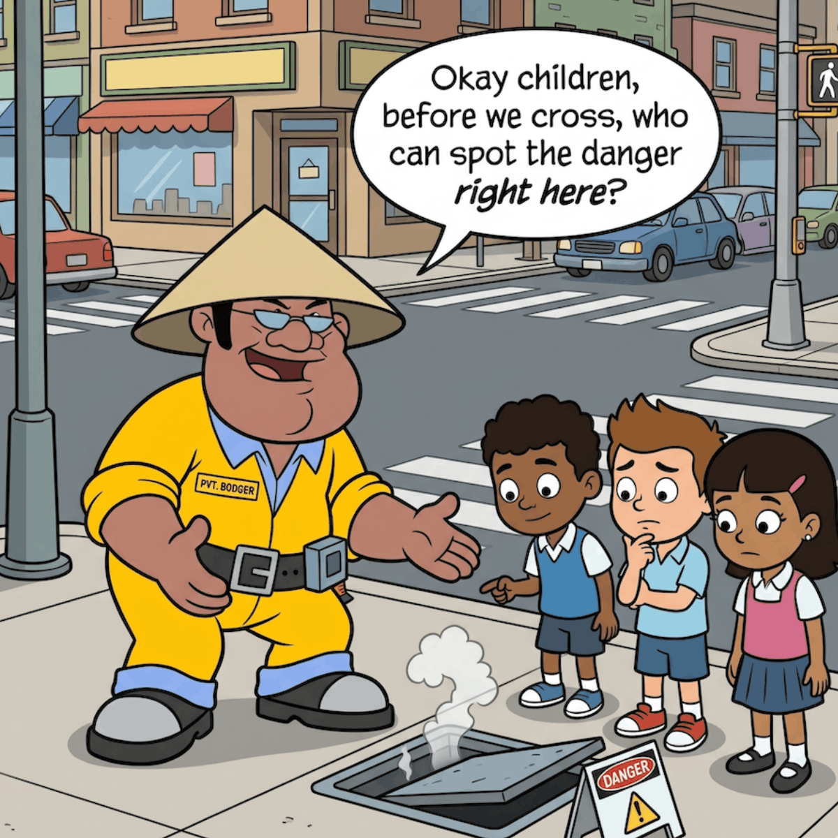 PVT Bodger uniform talks to children near a steaming open manhole with a danger sign.