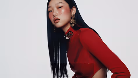 Woman with long straight black hair wearing a red top and ornate earrings against a plain light background.