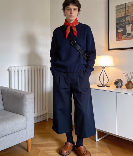 Person standing indoors wearing a navy blue sweater and wide-legged pants, a red neck scarf, black crossbody bag, and brown clogs.