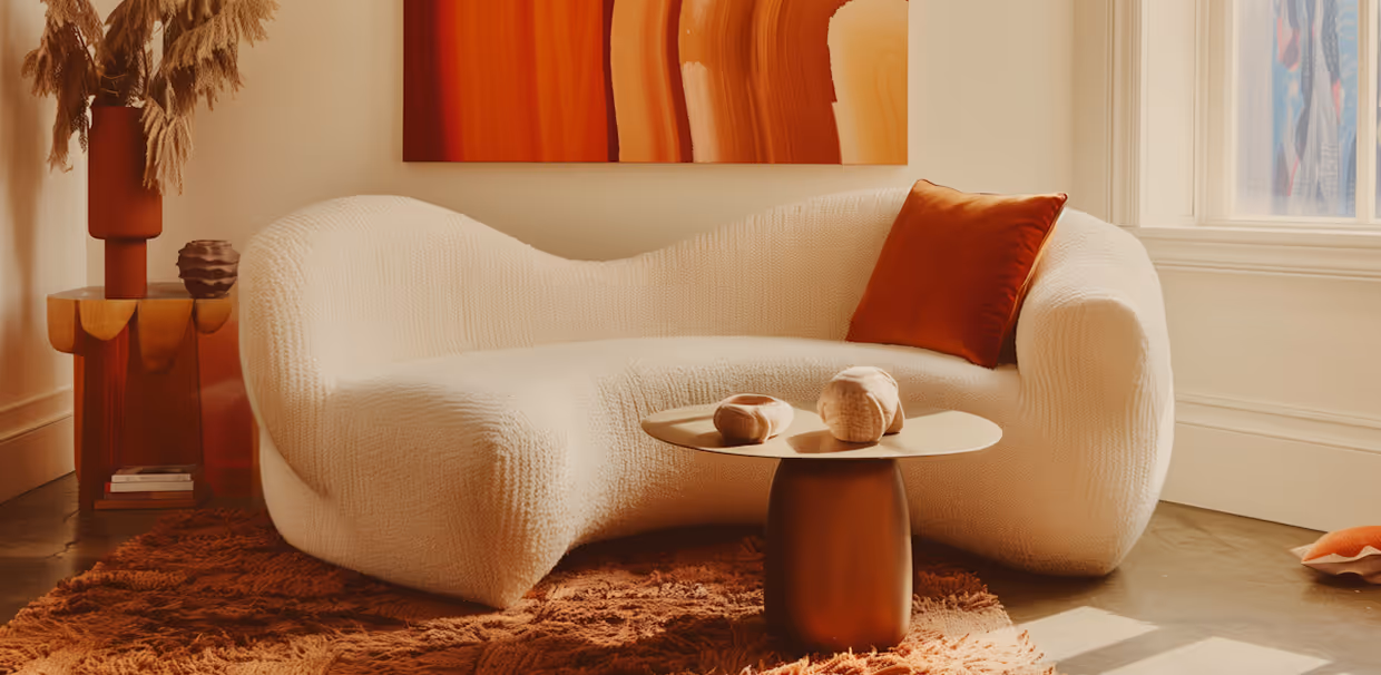 Curved white sofa with an orange pillow, a small round table with decorative objects, and a warm-toned abstract painting in a sunlit living room.