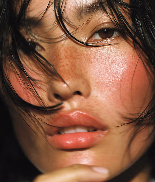 Close-up of a woman's face with natural freckles, glossy lips, rosy cheeks, and strands of dark hair partially covering her face.
