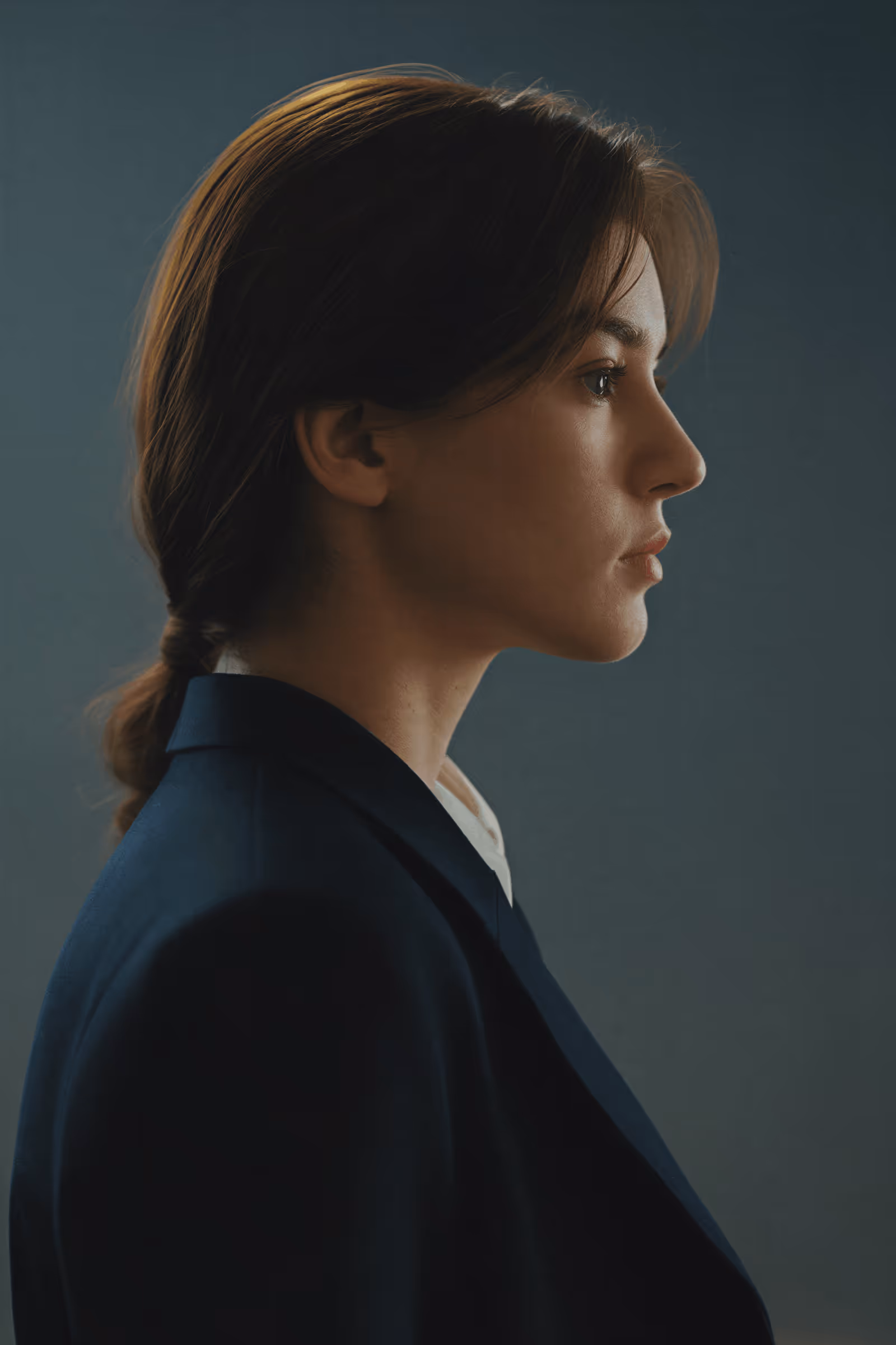 Profile of a young woman with brown hair tied back, wearing a dark blazer against a muted background.