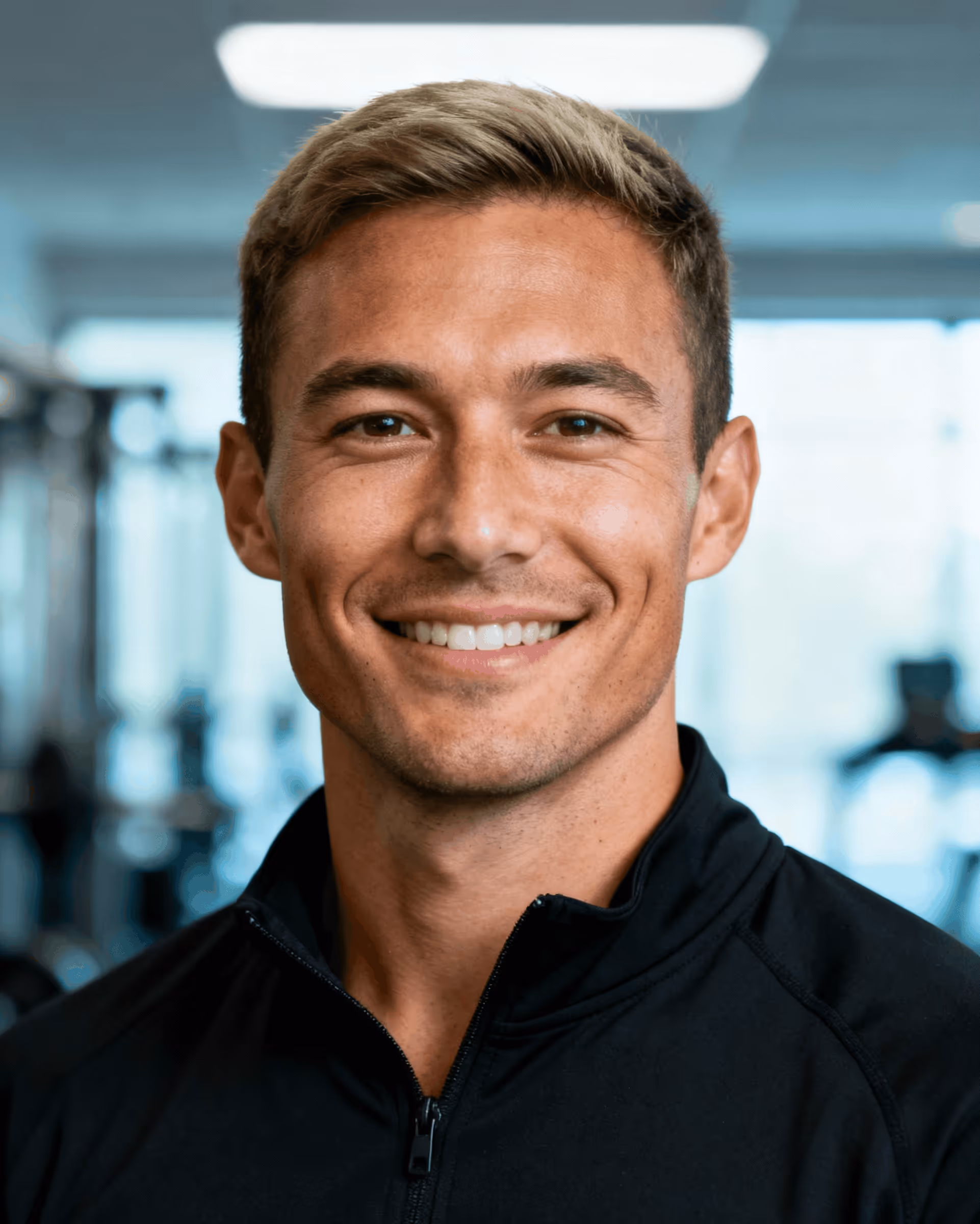 Smiling young man with short light brown hair wearing a black zip-up jacket in a gym setting.