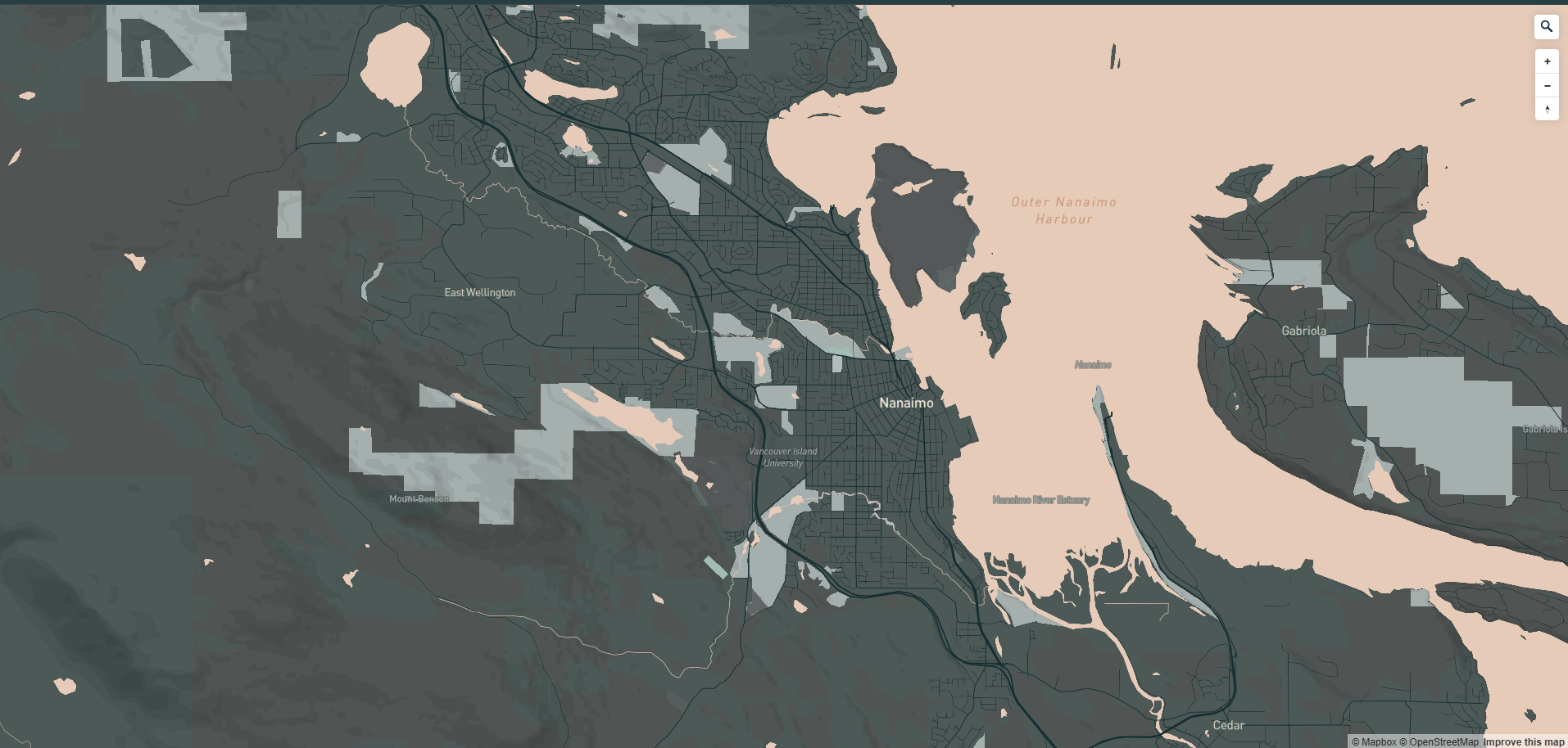Map showing Nanaimo city, Vancouver Island University, Mount Benson, Gabriola Island, and nearby waterways.