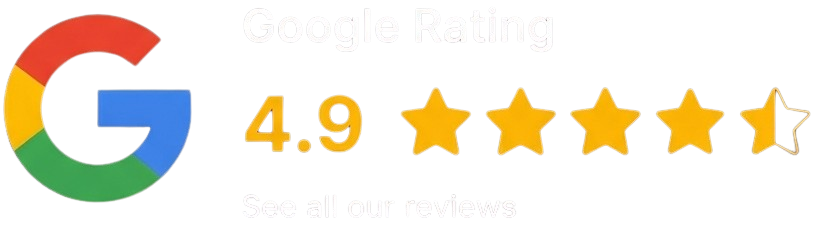 Google logo with a 4.9 star rating and text saying see all our reviews.